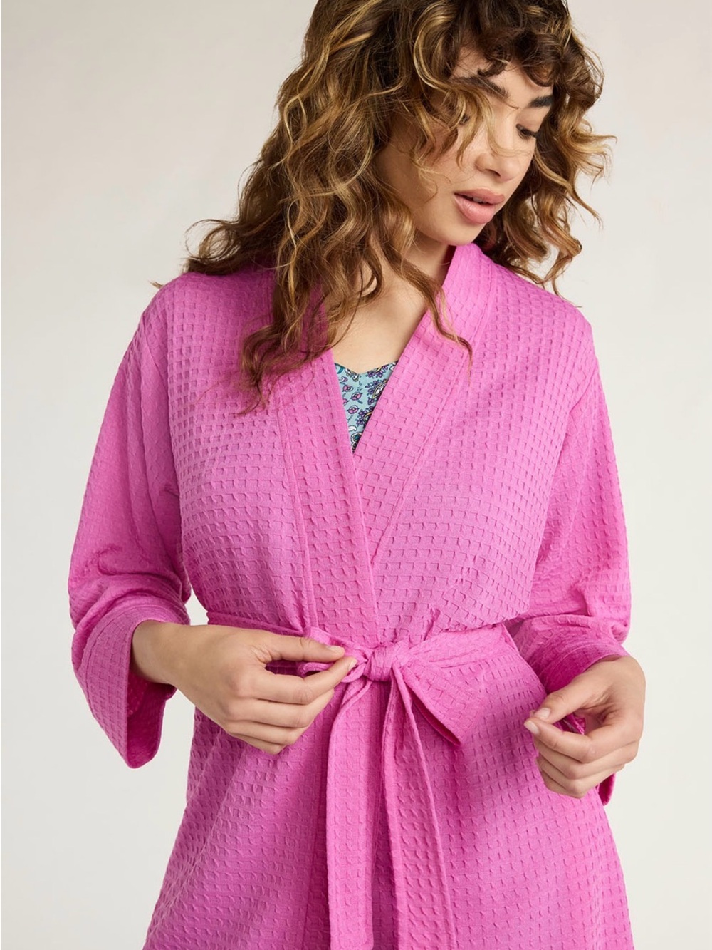 Joyspun Women's Pink Waffle Robe with Tie Waist